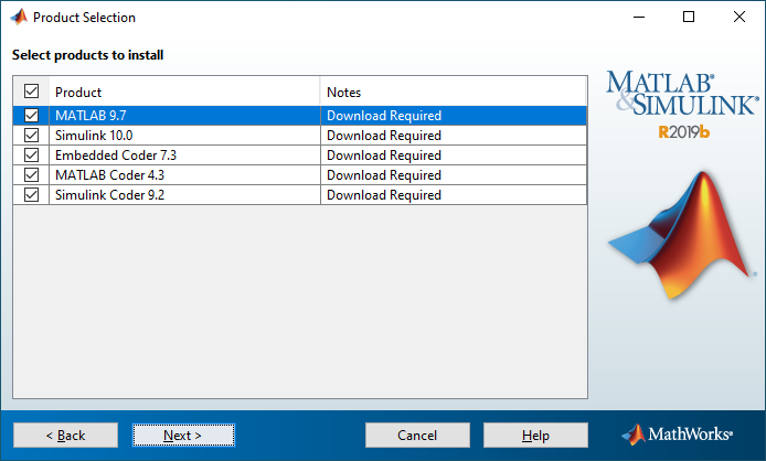 MATLAB product selection pane