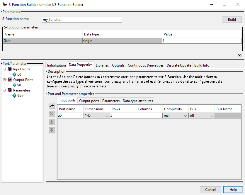 S-function builder input/output configuration