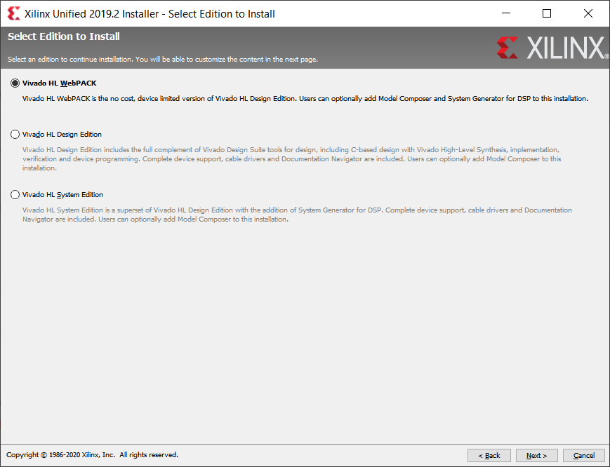 Vivado HL WebPACK installer dialog