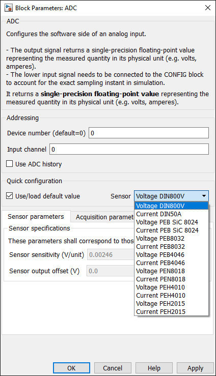 ADC sensitivity configuration dialog in Simulink