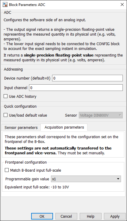 ADC gain configuration dialog in Simulink