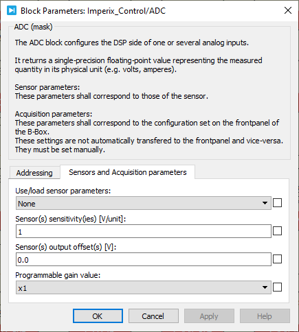 ADC gain configuration dialog in PLECS