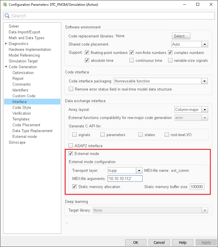 Enabling external mide in the model configuration parameters