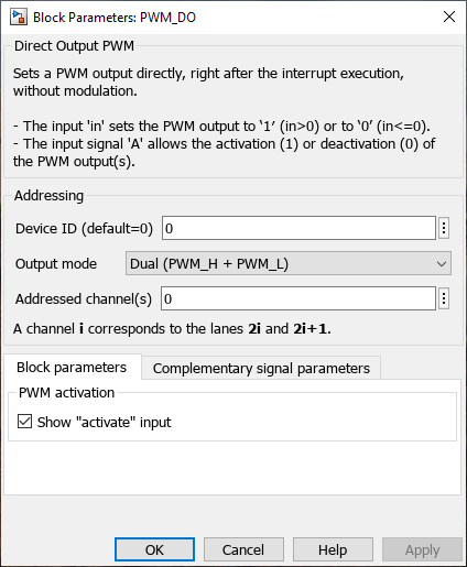 Direct output PWM Simulink dialog parameters