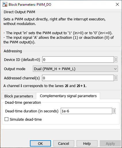 Direct output PWM Simulink dialog complementary signals