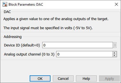 Analog output Simulink dialog parameters