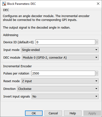 Angle decoder Simulink dialog parameters
