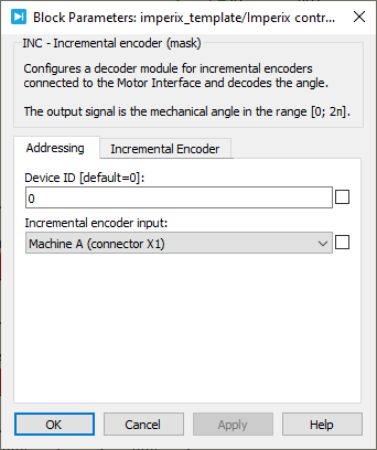 Screenshot of the incremental encoder parameters for the PLECS block (addressing).