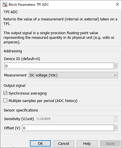 Simulink mask for the TPI ADC helper block.