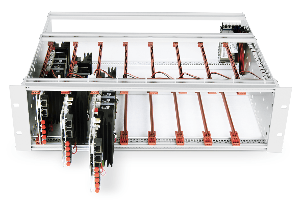 19'' rack-mountable frame with three PEH4010 H-bridge power modules.