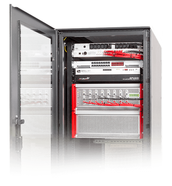 Overall view of the microgrid test bench, including Opal-RT real-time simulator.