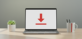 laptop with download icon on a desk